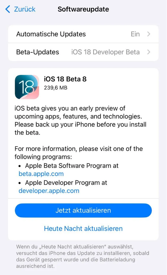 滨州苹果手机维修分享苹果 iOS / iPadOS 18 开发者预览版 Beta 8 发布 